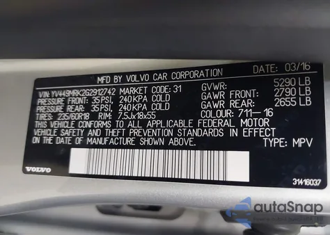 2016 Volvo Xc60 T6 Drive-E from USA, damaged, VIN YV449MRK2G2912742